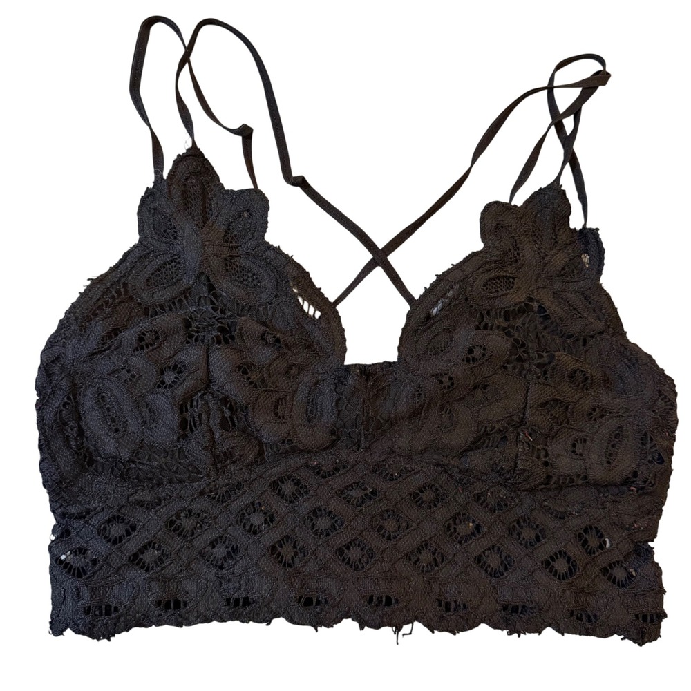 Yahada Womens Black Floral Lace Bralette Adjustable Straps Smocked Back Crop Top